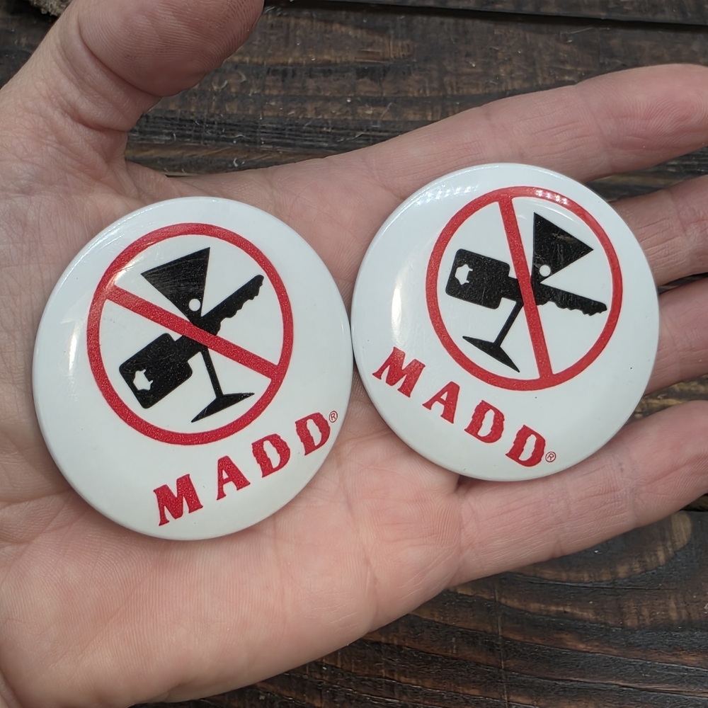 Two MADD Pins, Mothers Against Drunk Driving Buttons, Activist Brooches